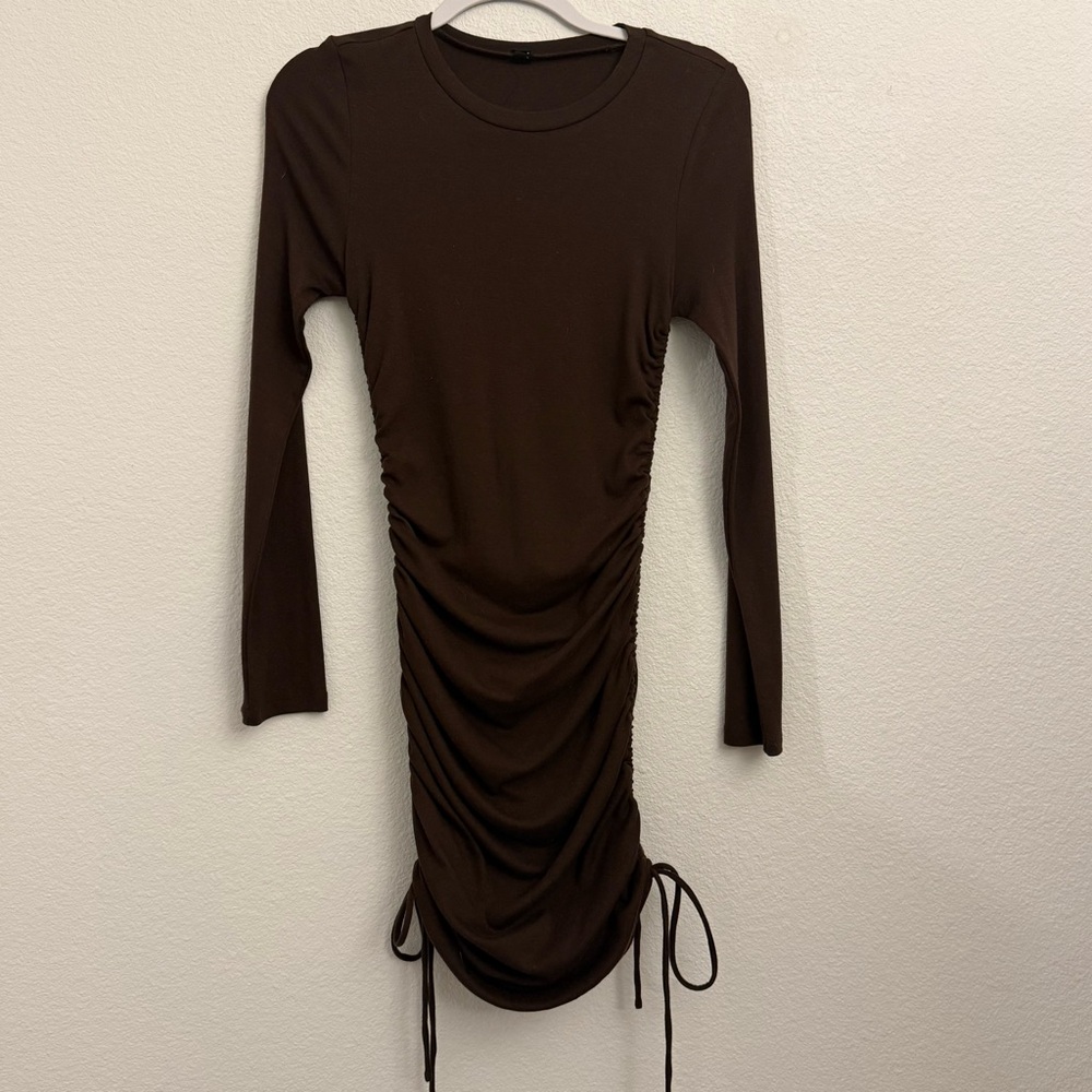 Long Sleeve Mini Brown Ruched Side Cinched Dress